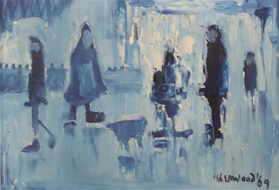 James Lawrence Isherwood (1917-1988) Study in blue of figures on a street 9.5 x 13.75in.